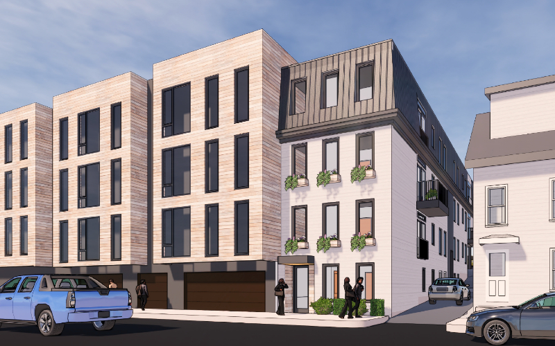 Digital rendering of 3-story urban apartment building on city street
