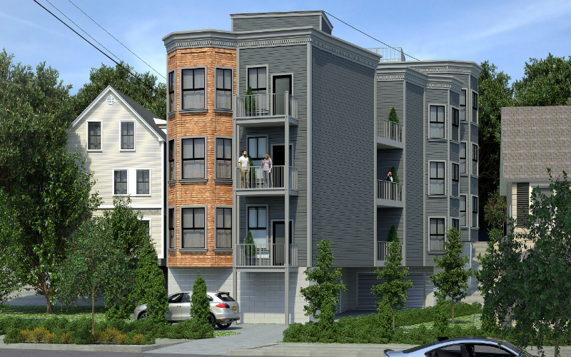 Digital rendering of small 3-story apartment building with brick turret