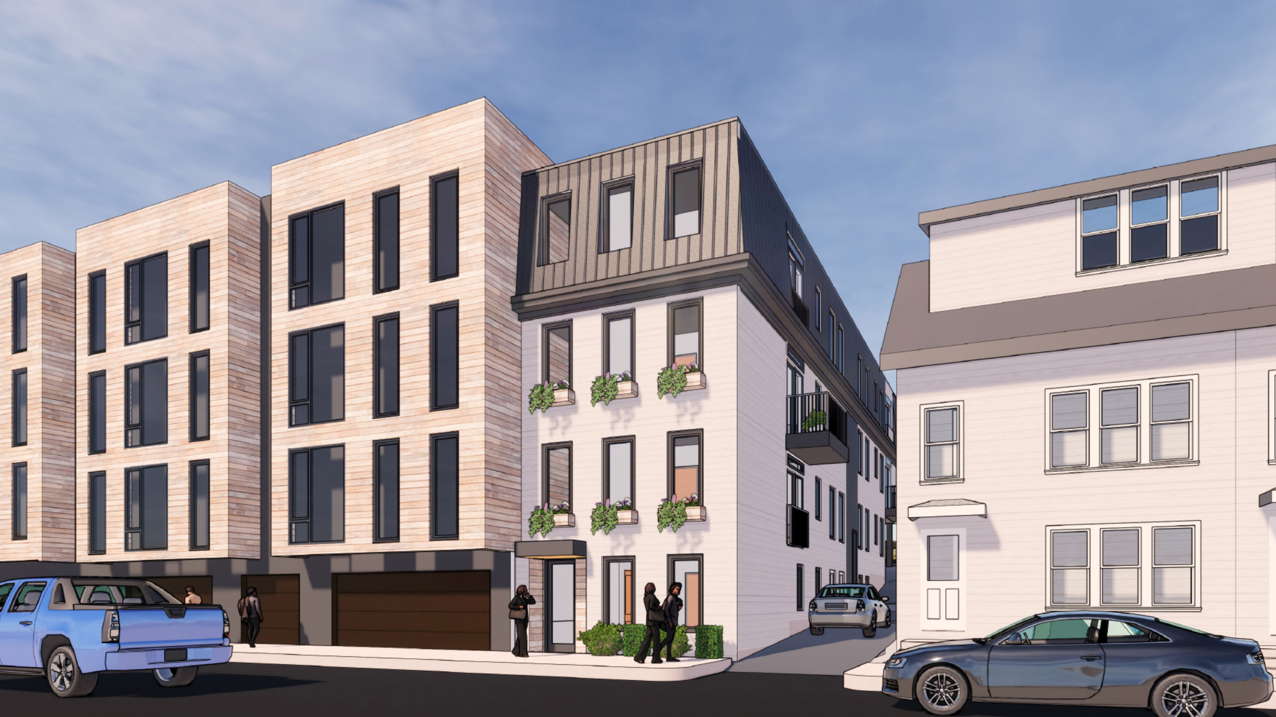 Digital rendering of 3-story urban apartment building on city street