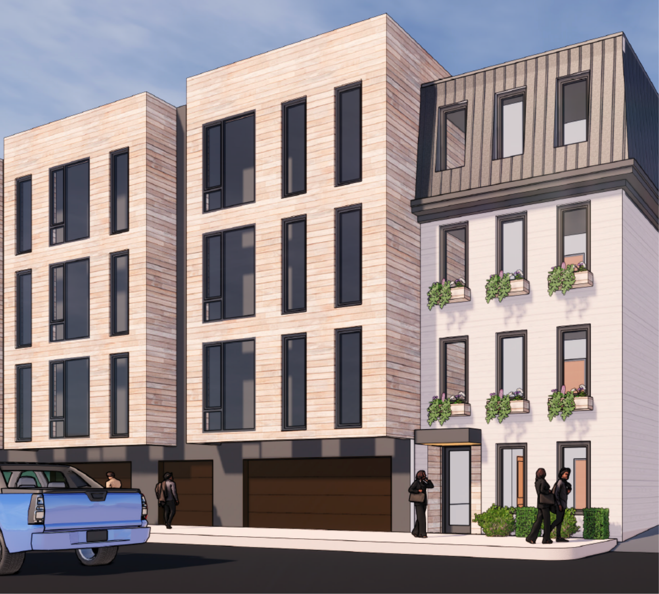 Digital rendering of 3-story urban apartment building on city street