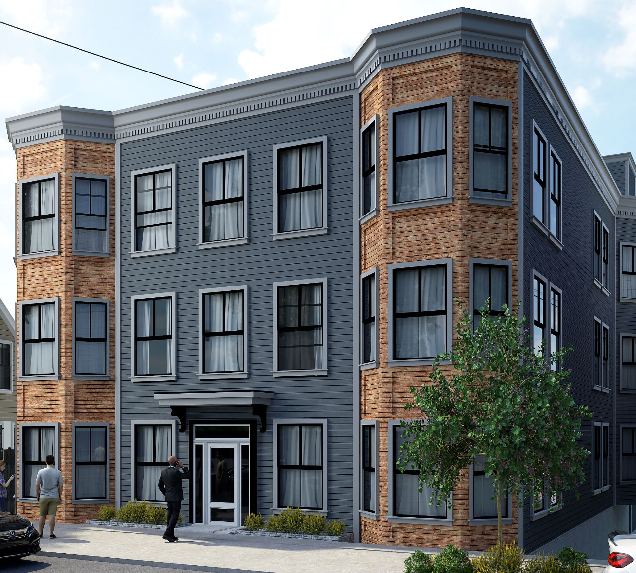 3-story grey paneled apartment entrance with brick turrets